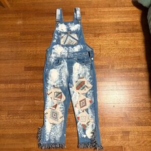ASOS DESIGN Bleached Denim Patchwork Aztec Fringe‎ Overalls Jumpsuit 2XS